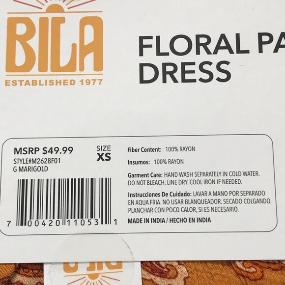 Bila Floral Paisley Short‎ Tiered Dress Women's XS Boho Relaxed Fit Marigold NEW - Picture 6 of 10